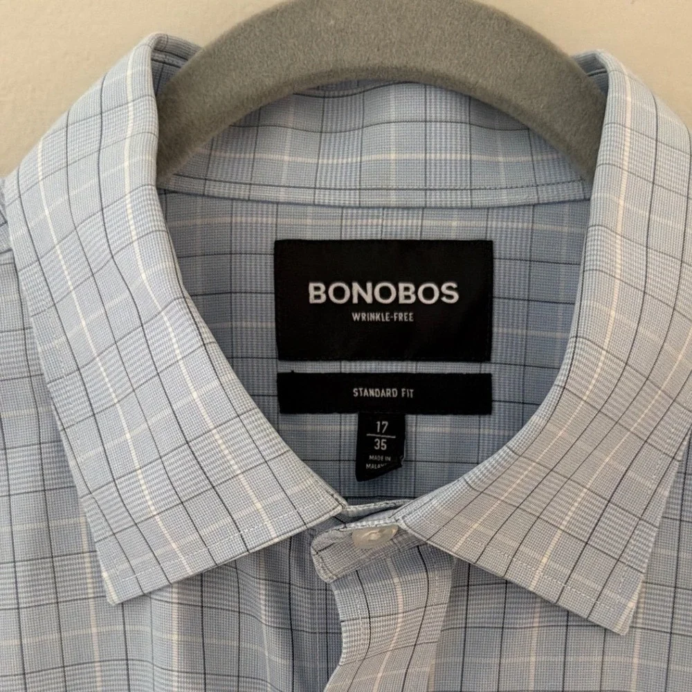 Bonobos Mens Wrinkle-Free Standard Fit Grid Dress Shirt Blue White 17 x 35